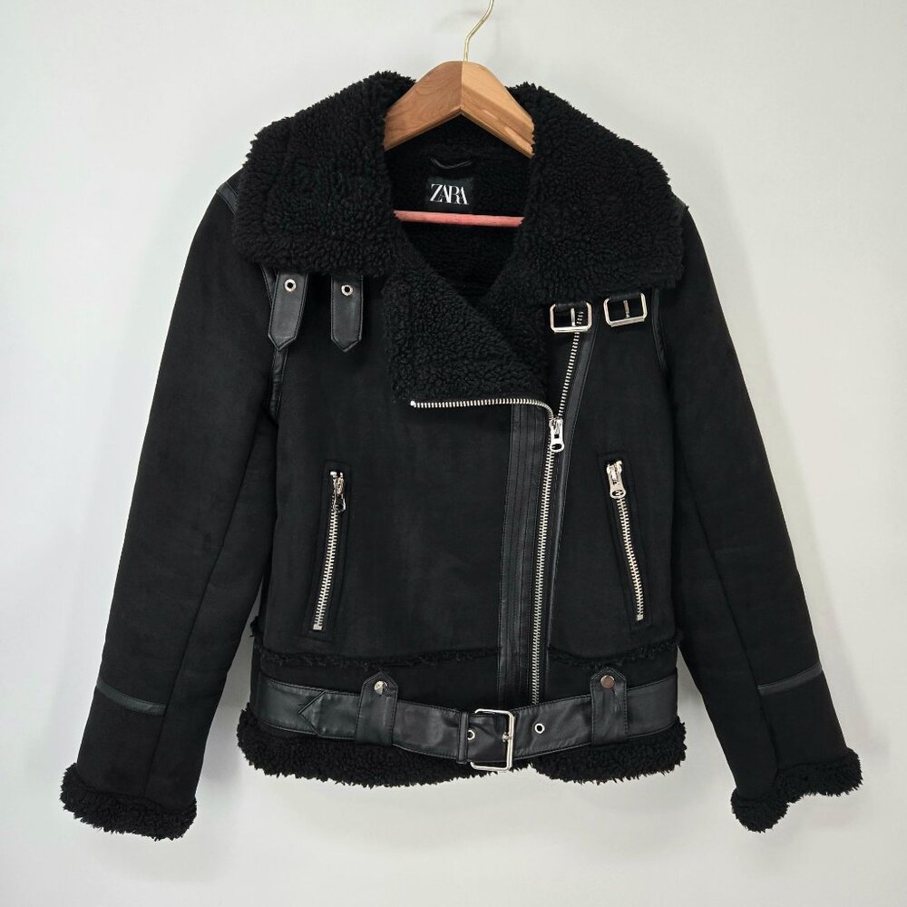 Zara Black Faux Suede Biker Jacket Sherpa Lined Buckles Full Zip Women's Size XS